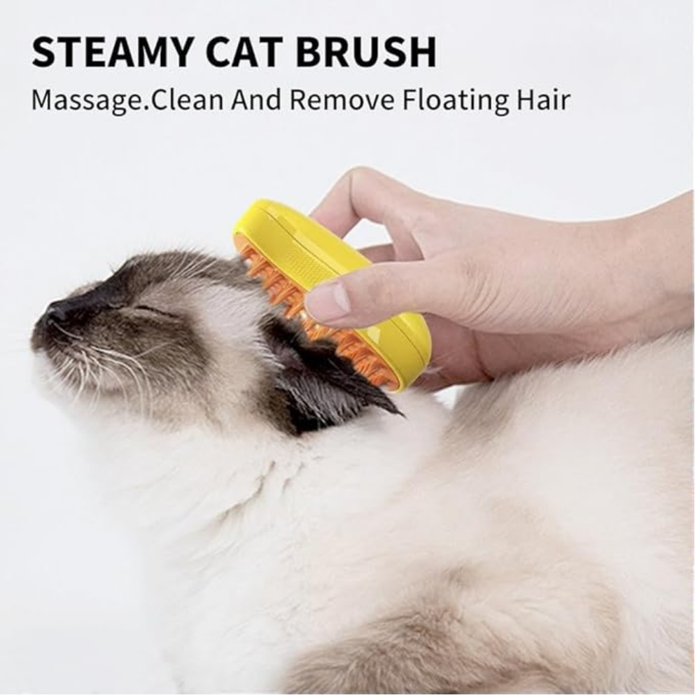 Cat Steam Brush Yellow – 3 in 1 Self-Cleaning Grooming Tool for Cats